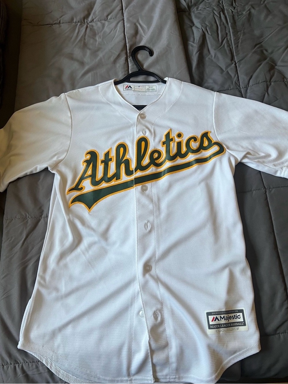 Majestic White Oakland Athletics Green and Yellow Script Jersey
